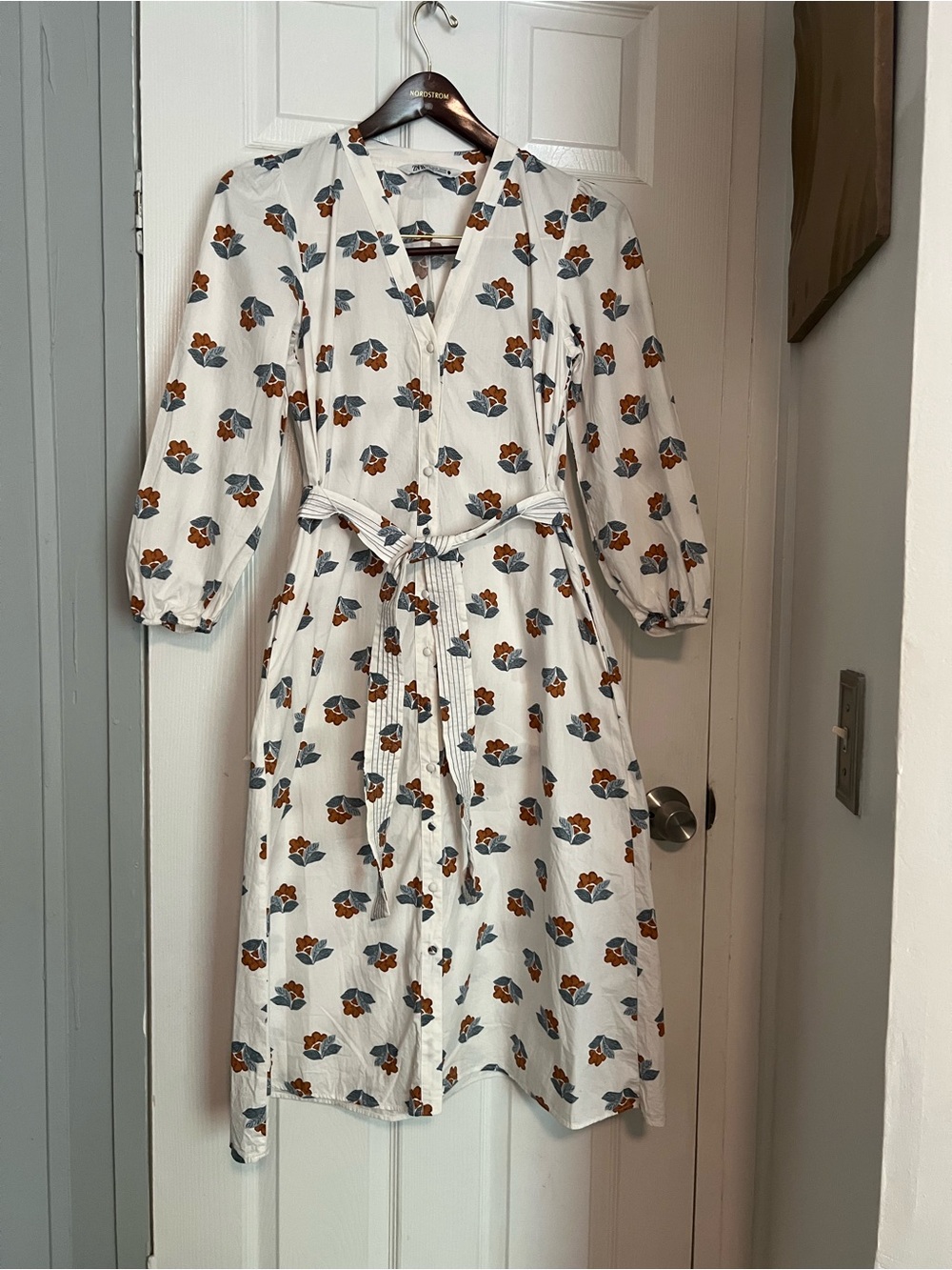 Zara White Midi Dress with Blue and Brown Floral Print